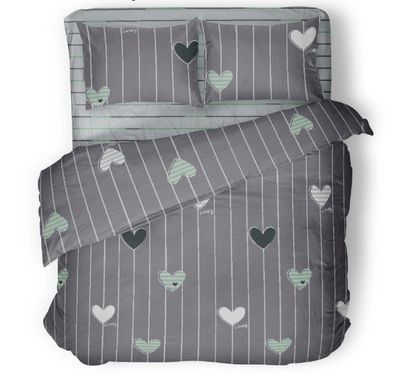 Комплект постельного белья бязь двуспальный Сердечки зеленые, Серый, Двуспальный, 2х70х70