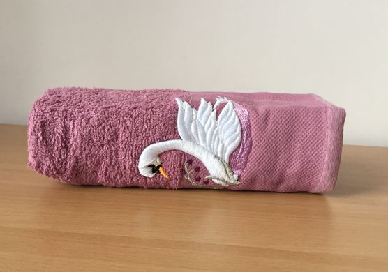 Полотенце махровое 30х50 гладкокрашеное бордюр Лебеди, Темно розовый, 30х50