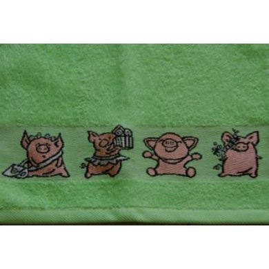 Полотенце махровое жаккард бордюр детский Свинки зеленое, Зелёный, 70х140
