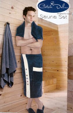 Набор для сауны мужской (юбка р. 50 - 54 +тапки + полотенце) синий