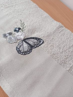 Полотенце махровое 70х140 гладкокрашеное бордюр Бабочка на цветке серое, Серый, 70х140
