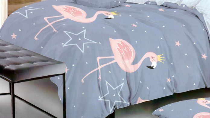 Комплект постельного белья сатин полуторный Розовый фламинго без компаньона, Синий, Полуторный, 2х70х70