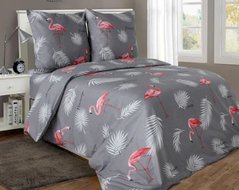 Комплект постельного белья полуторный бязь Фламинго на сером 2, Серый, Полуторный, 2х70х70