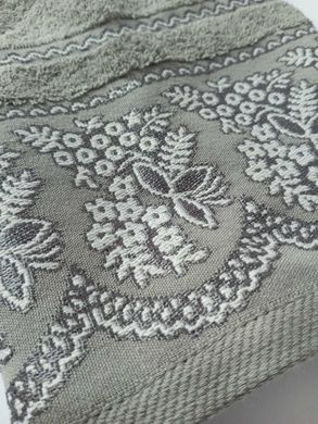 Полотенце махровое 50х90 гладкокрашенный жаккард бордюр Орнамент цветы, Серый, 50х90