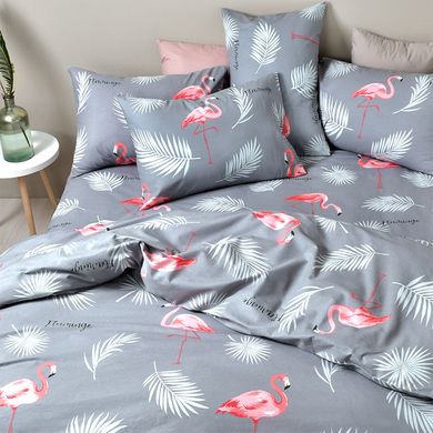 Комплект постельного белья полуторный бязь Фламинго на сером 2, Серый, Полуторный, 2х70х70