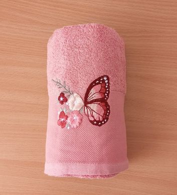 Рушник махровий 50х90 гладкофарбований бордюр Метелик на квітці рожевий, Рожевий, 50х90