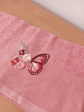 Рушник махровий 70х140 гладкофарбований бордюр Метелик на квітці рожевий, Рожевий, 70х140