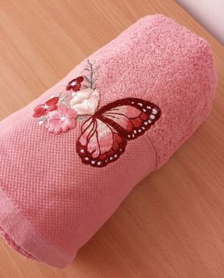 Рушник махровий 70х140 гладкофарбований бордюр Метелик на квітці рожевий, Рожевий, 70х140